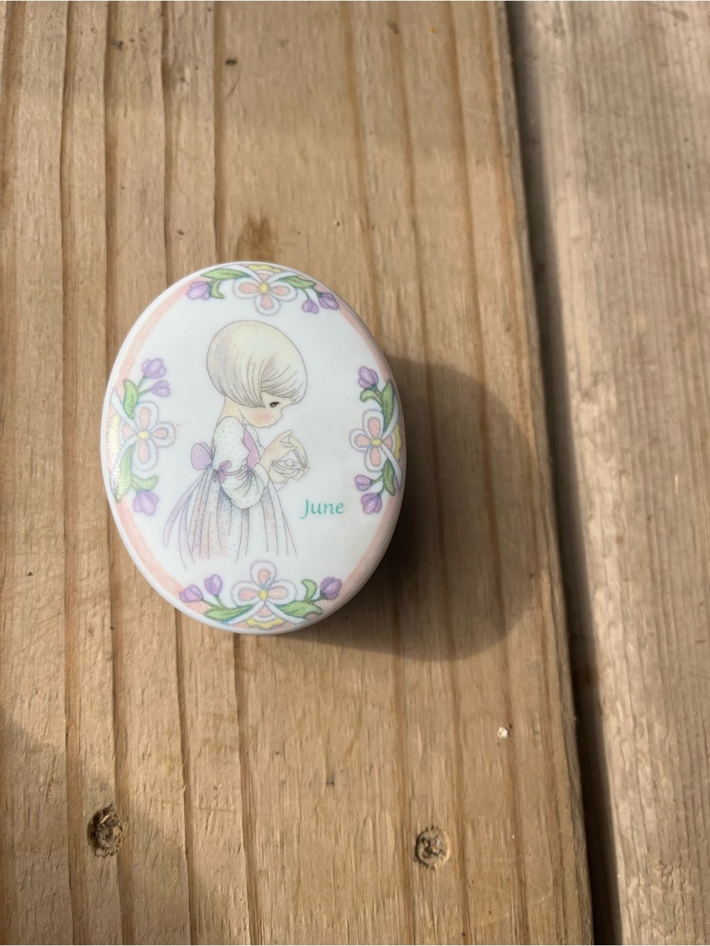 Precious Moments Oval June Trinket Box White Pink Purple Green